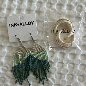 INK + ALLOY Green and Cream Beaded Fringe Earrings an Loop earrings Set/2
